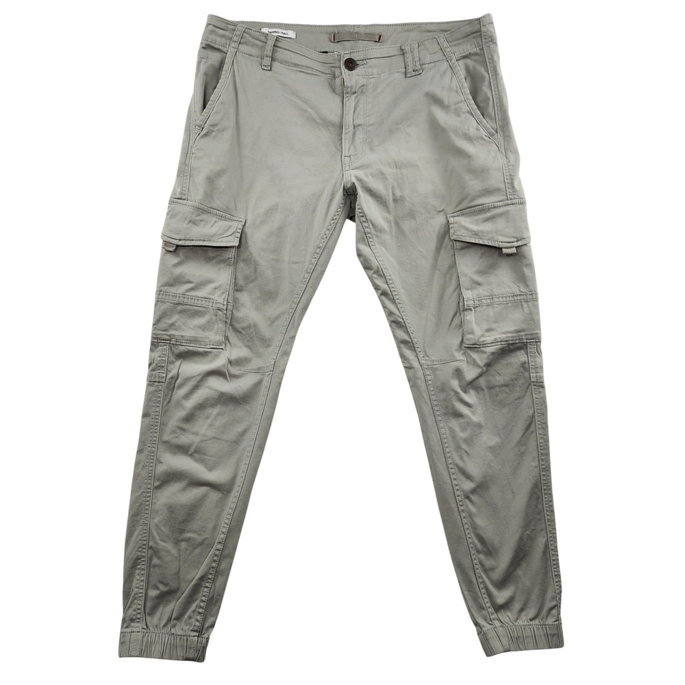 Jack & Jones Cargo Pants Mens 34 Grey Tapered Paul Joggers Cotton Blend